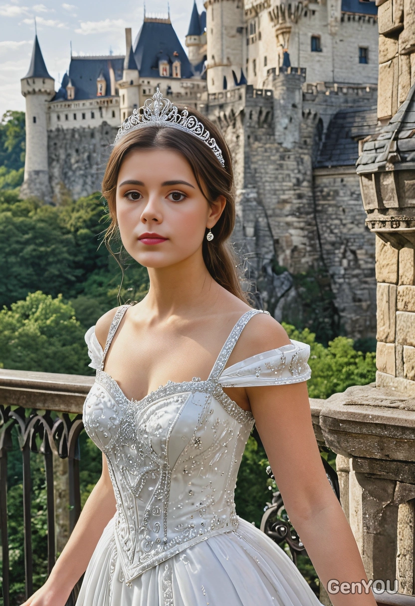 As a fairy tale princess, wearing a sparkling white gown with a tiara, standing on a balcony overlooking an enchanted kingdom with a castle in the distance