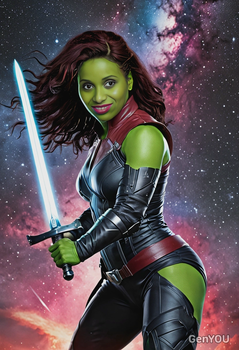Gamora wielding her sword, ready to strike in the middle of a cosmic battle