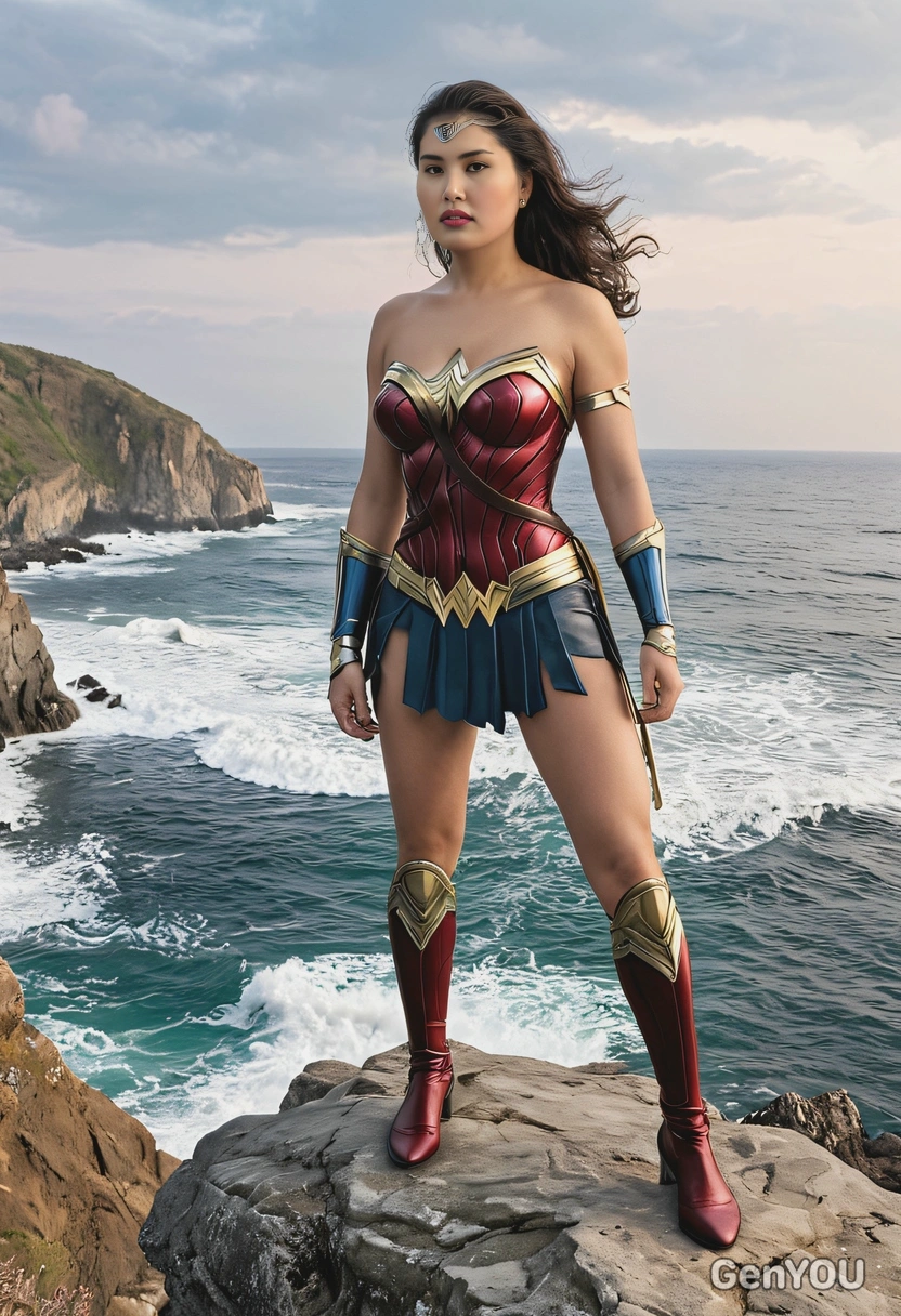 Wonder Woman standing on a cliff, watching over the ocean