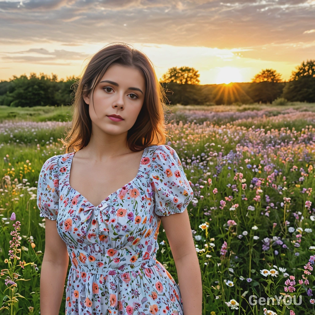 in a pastel floral dress, standing through a meadow of wildflowers, with the sun setting in the distance, look at the camera 