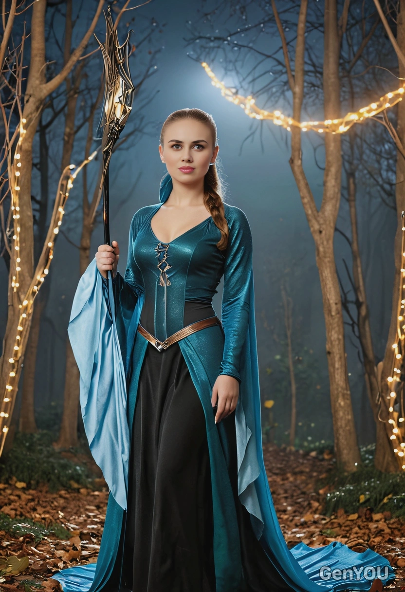 dressed as Arwen, full-body image, dynamic pose, halloween party background lights