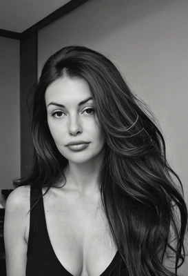 with luxurious voluminous long dark hair in natural state in a black and white picture looking in front of me, photo shoot to please instagram