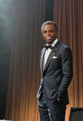 as a musician in a tailored suit, standing on a grand stage, ready to perform with a poised, focused demeanor