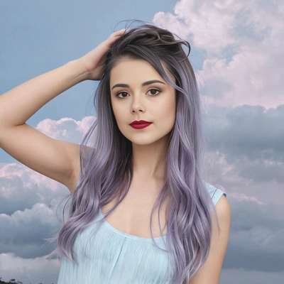 long lavender ombré hair fading into pastel blue tips, paired with soft bangs, with a cloudy, ethereal background