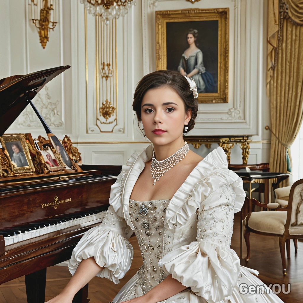a duchess in a lavish gown with a high collar, sitting gracefully by a grand piano in a room adorned with royal portraits