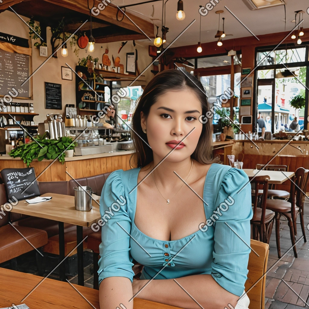 a woman sitting in a quaint café