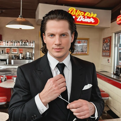 as Vincent Vega from Pulp Fiction, in a bolo tie and suit, in the retro diner 