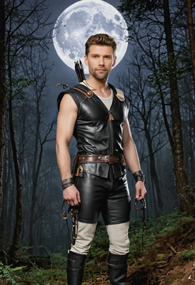 As Artemis, dressed in a leather hunting outfit, standing under a full moon in a forest