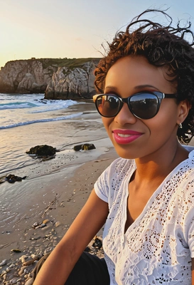 Relaxing at the Playa de Las Catedrales in Spain, wearing sunglasses, sunset
