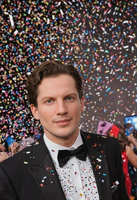 on New Year's Eve, with confetti falling around