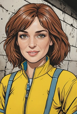Hand-drawn flat cartoon style, April O’Neil from TMNT, thin outlines, yellow jumpsuit, oversized eyes, close-up portrait, NYC sewer entrance