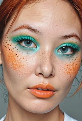 makeup with drawn-on, whimsical freckles for a cute and youthful look, orange and turquose