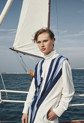 at a fashion magazine photoshoot, blurred background, sail, symmetrical details