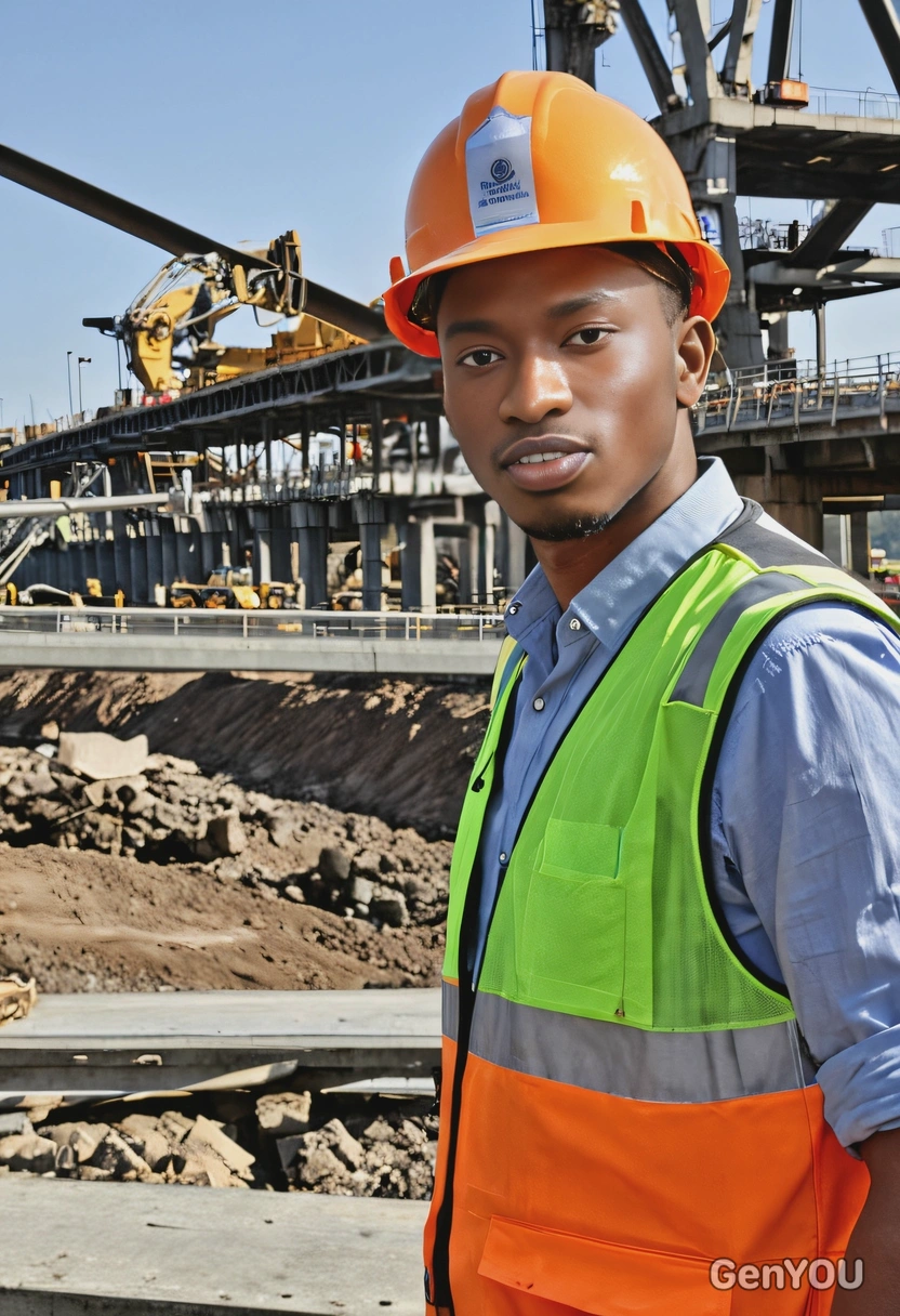 as an engineer in a hard hat and reflective vest, standing on a bridge construction site,  while machinery operates in the background