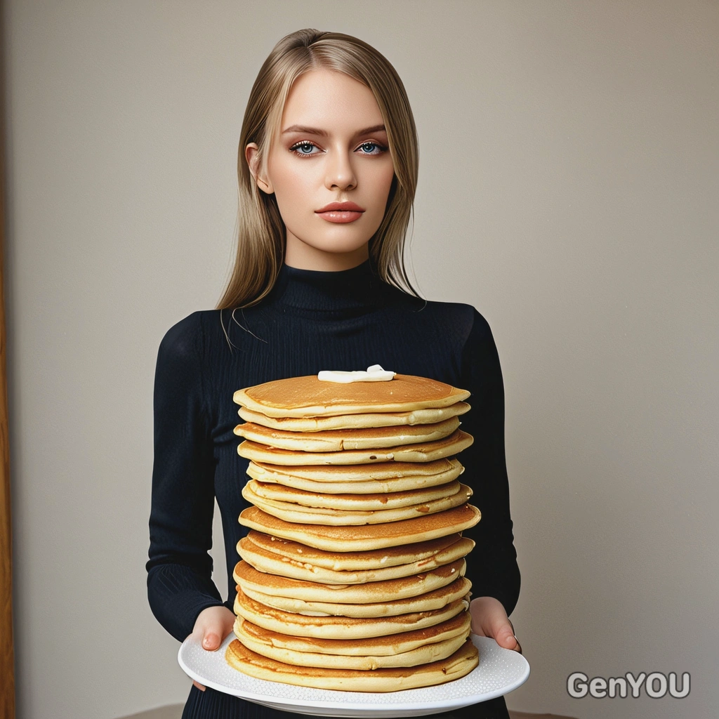 standing beside a tall stack of pancakes