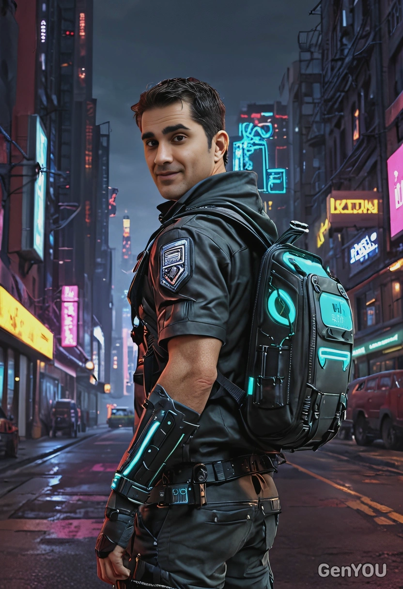 cyberpunk courier with a glowing backpack, a neon-lit city