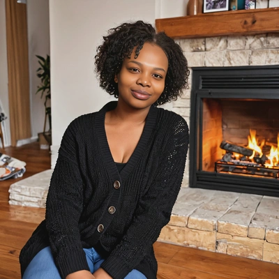 in a cozy cardigan, by the fireplace 