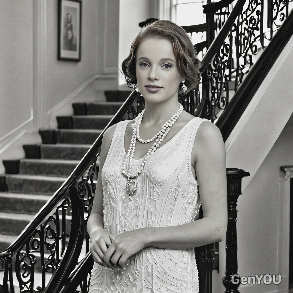  in 1920s pearls, standing by a grand staircase, with a vintage black and white effect