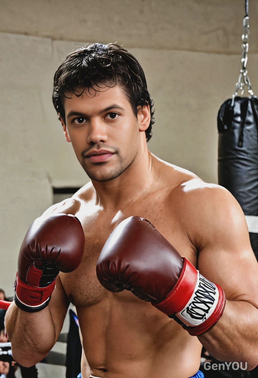 as Rocky Balboa, mid boxing match 