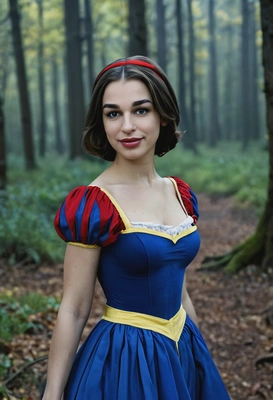 Elizabeth gillies as snow white in blue red yellow dress forest