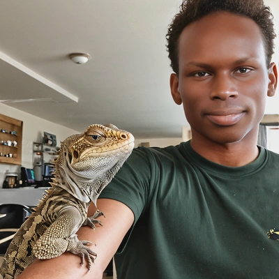 selfie at home with pet lizard on his shoulder 