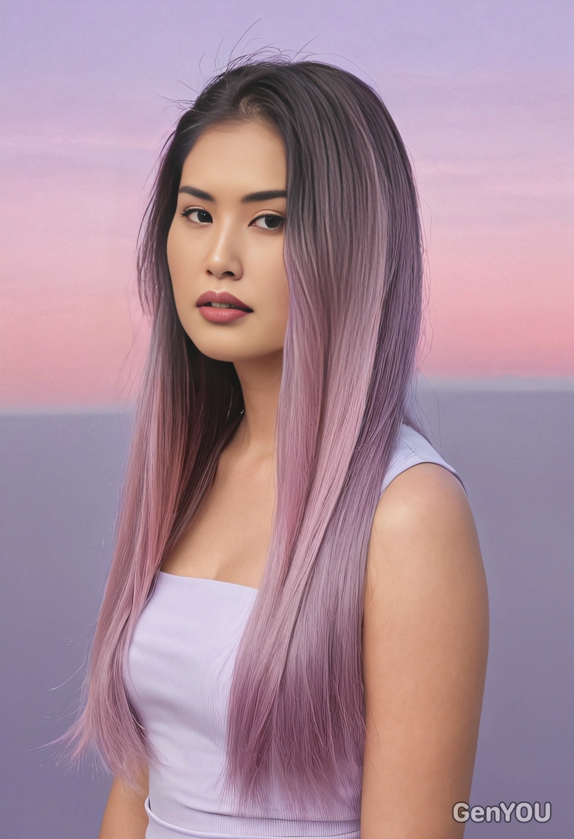 long, straight hair with a pastel lilac-to-pink ombré, styled with sleek precision, set against a soft lavender sunset background