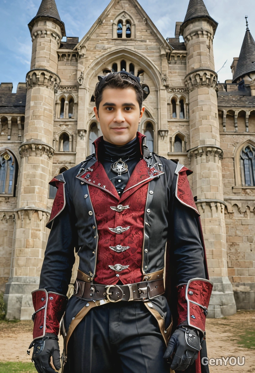 in a steampunk vampire costume, standing in front of a gothic castle