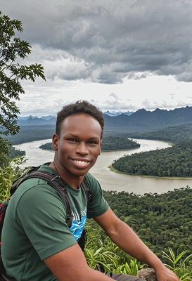 As a hiker, resting at a viewpoint overlooking the scenic landscape of the Amazon River, half body view 