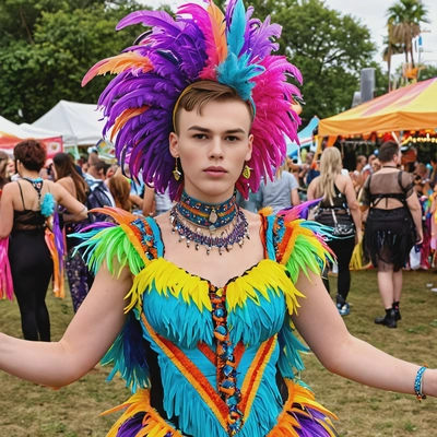 in a vibrant, feathered carnival costume, standing at a lively outdoor festival, surrounded colorful streamers