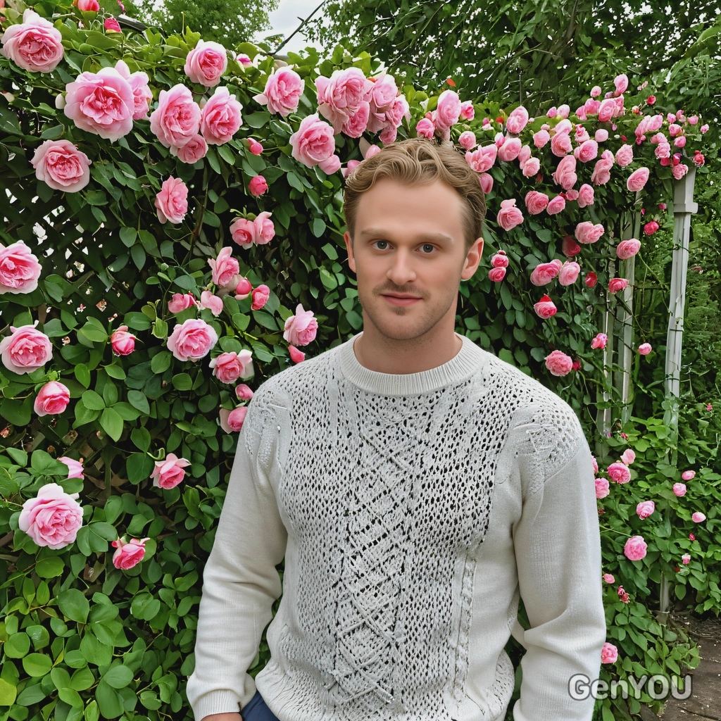 wearing a light sweater, standing by a garden trellis covered in climbing roses