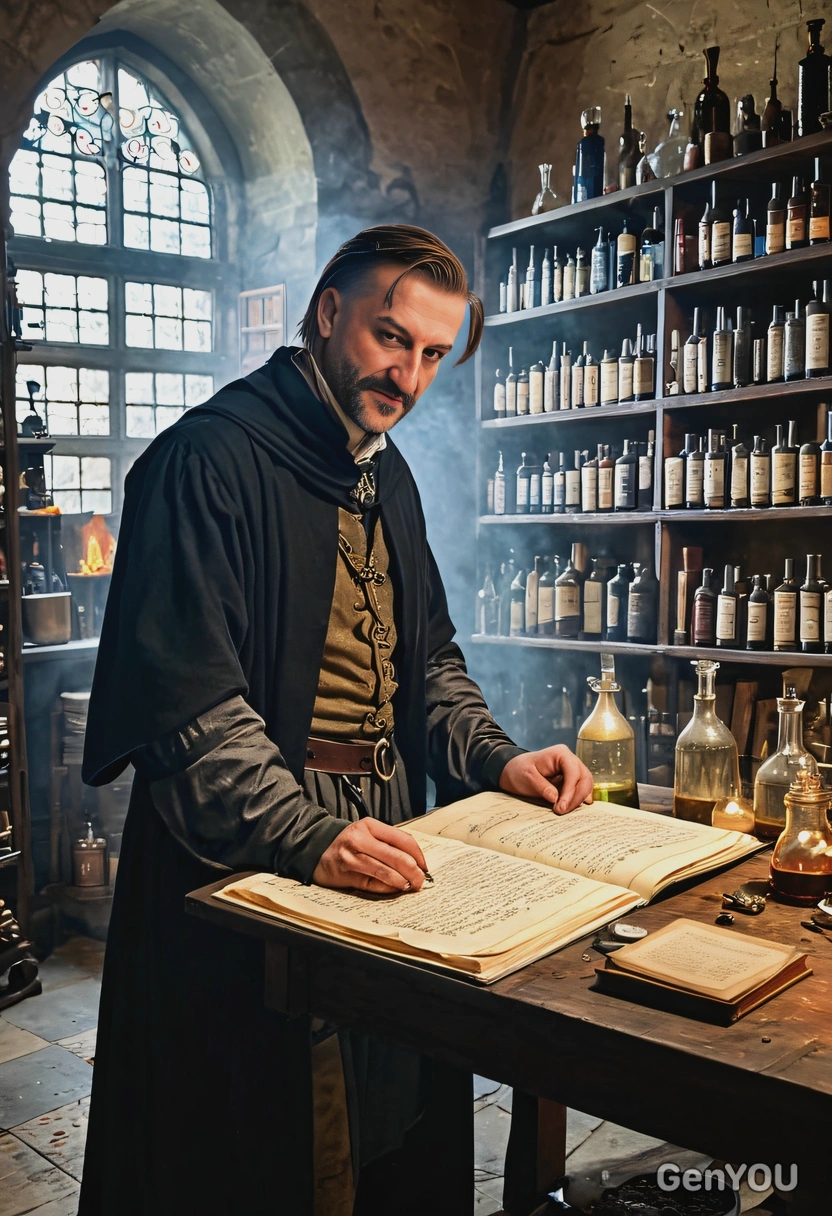 A medieval alchemist, surrounded by bubbling potions and ancient manuscripts in a dimly lit laboratory