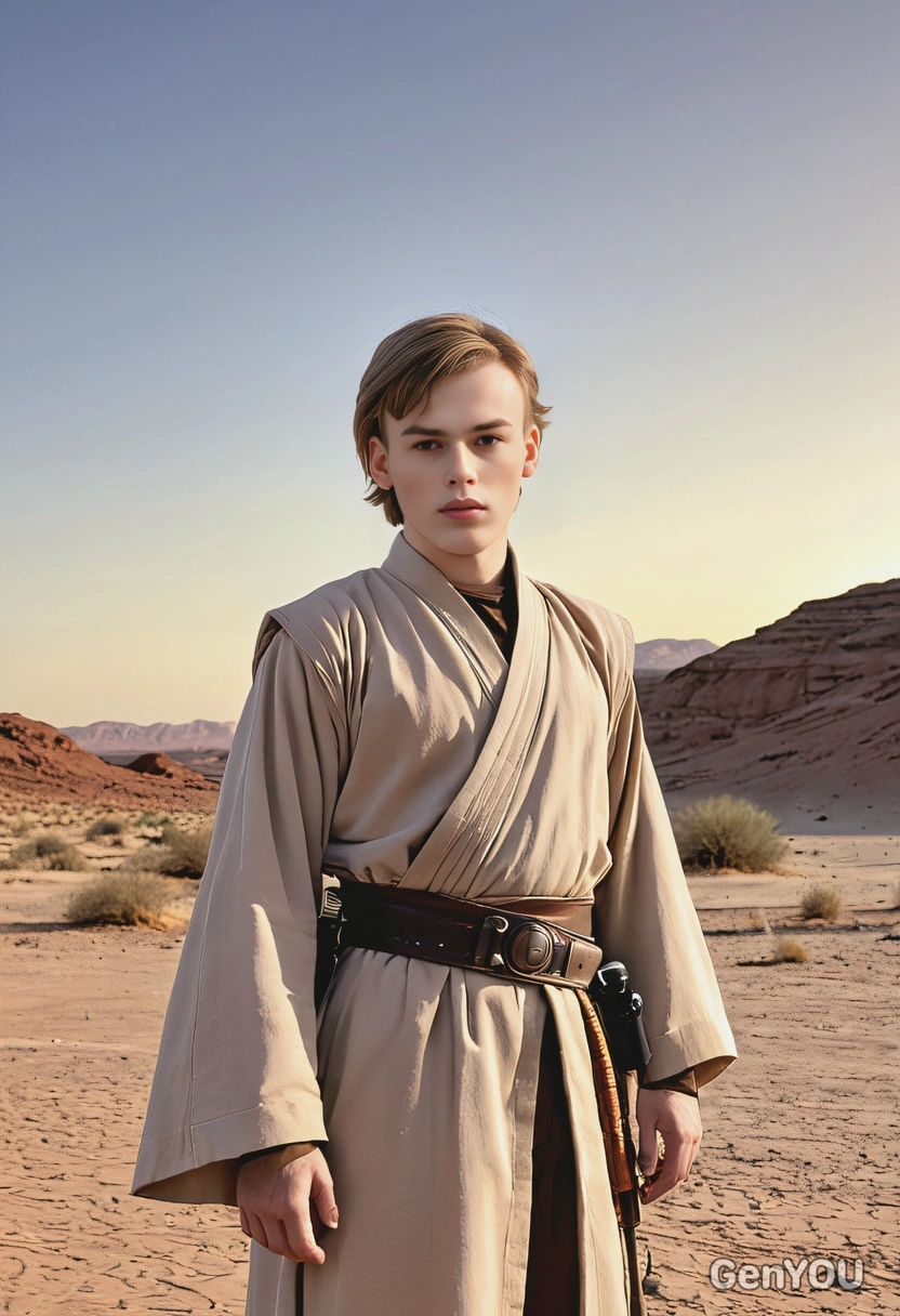 as Luke Skywalker from Star Wars, wearing Jedi robes, standing in a desert landscape with twin suns in the background