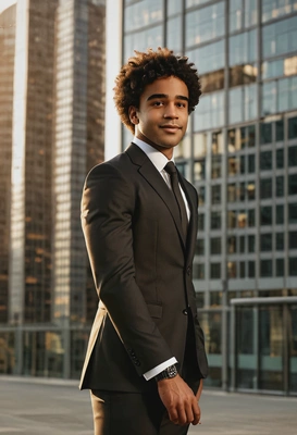 sharp high-quality full-body photo, freckles, afro hair, black office suit,  cool standing, blurry office building background, golden hour, natural lights, long shadows