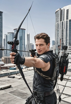 Hawkeye taking aim with a high-tech arrow, on a rooftop in futuristic city