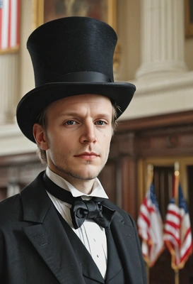 sharp quality, in the style of American president Lincoln, wearing a top hat, standing at the tribune , blurry parliament hall  with American flag in the background, soft indoor light