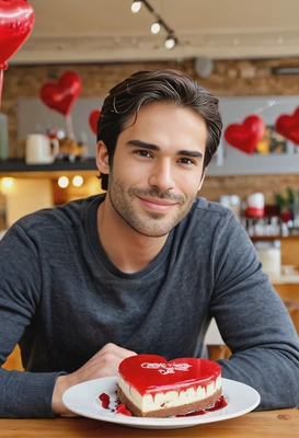 Person enjoying a slice of heart-shaped cake at a cafe, festive valentine's day banner - perfect setting for corporate headshots manchester