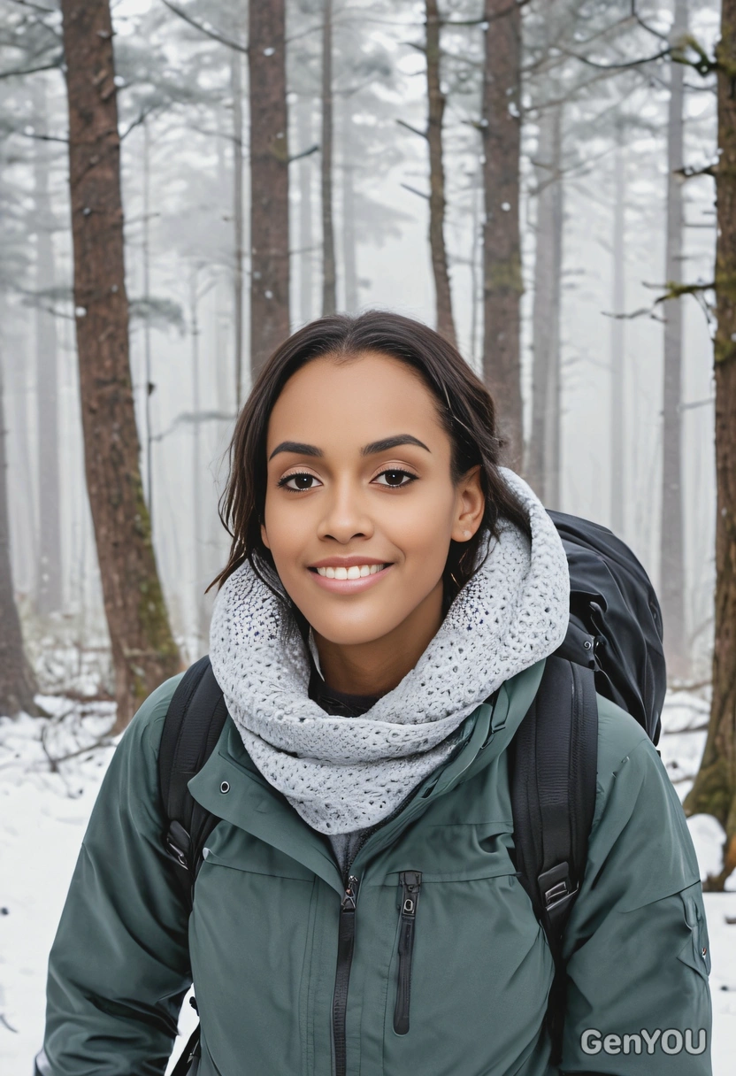 mid-shot, smiling, hiking in a misty, snow-covered forest 