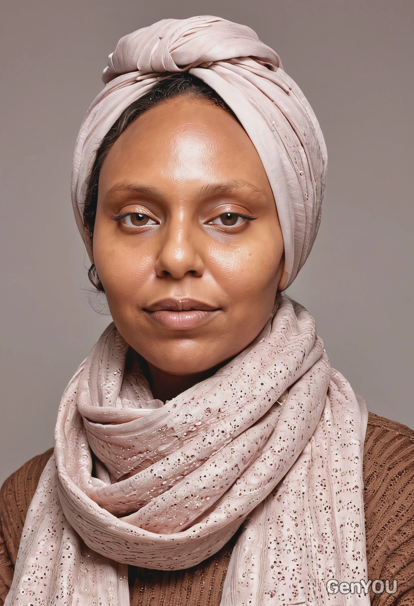 with flawless, radiant skin, highlighting a dewy and fresh complexion achieved with skincare-infused makeup, happy, looking up, scarf