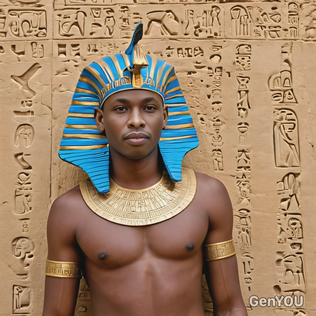 as an Ancient Egyptian pharaoh, wearing a gold and blue headdress, standing beside a sandstone statue with hieroglyphs carved into the walls around him