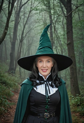 wearing a classic witch outfit with a pointed hat, surrounded by dark forest, dark green light on the background, half body portrait 