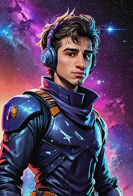 2D cartoon style, rough sketch with bold colors, space corsair with gravity boots, oversized cartoon big sparkling eyes, nebula space battle background