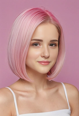 shoulder-length, straight bob dyed in bubblegum pink with a hint of pastel purple at the tips, set in a candy-colored backdrop