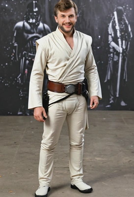as Luke Skywalker at costume party, funky party blurry background, full body