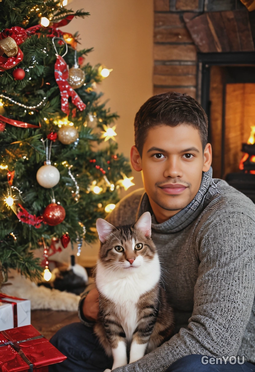 sitting by the fireplace with his cute cat, near a glowing Christmas tree, soft focus, facing the viewer 