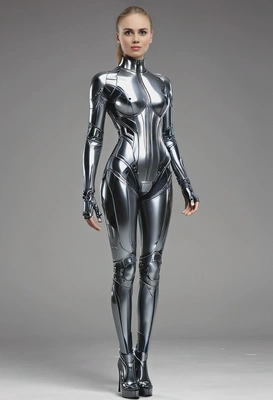 standing as a mannequin, dressed in exquisite futuristic clothing, full body image