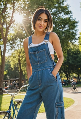 sharp focus on the face skin texture, wearing oversized loose-fitted chunky hip-hop denim jumpsuit, relaxed pose,  bright sun rays, blurry hip urban park with a bicycle background