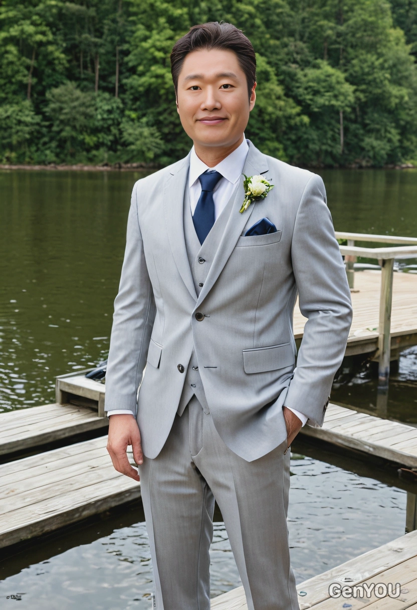 As a groom in a tailored light grey suit, standing on a dock at a lakeside wedding 