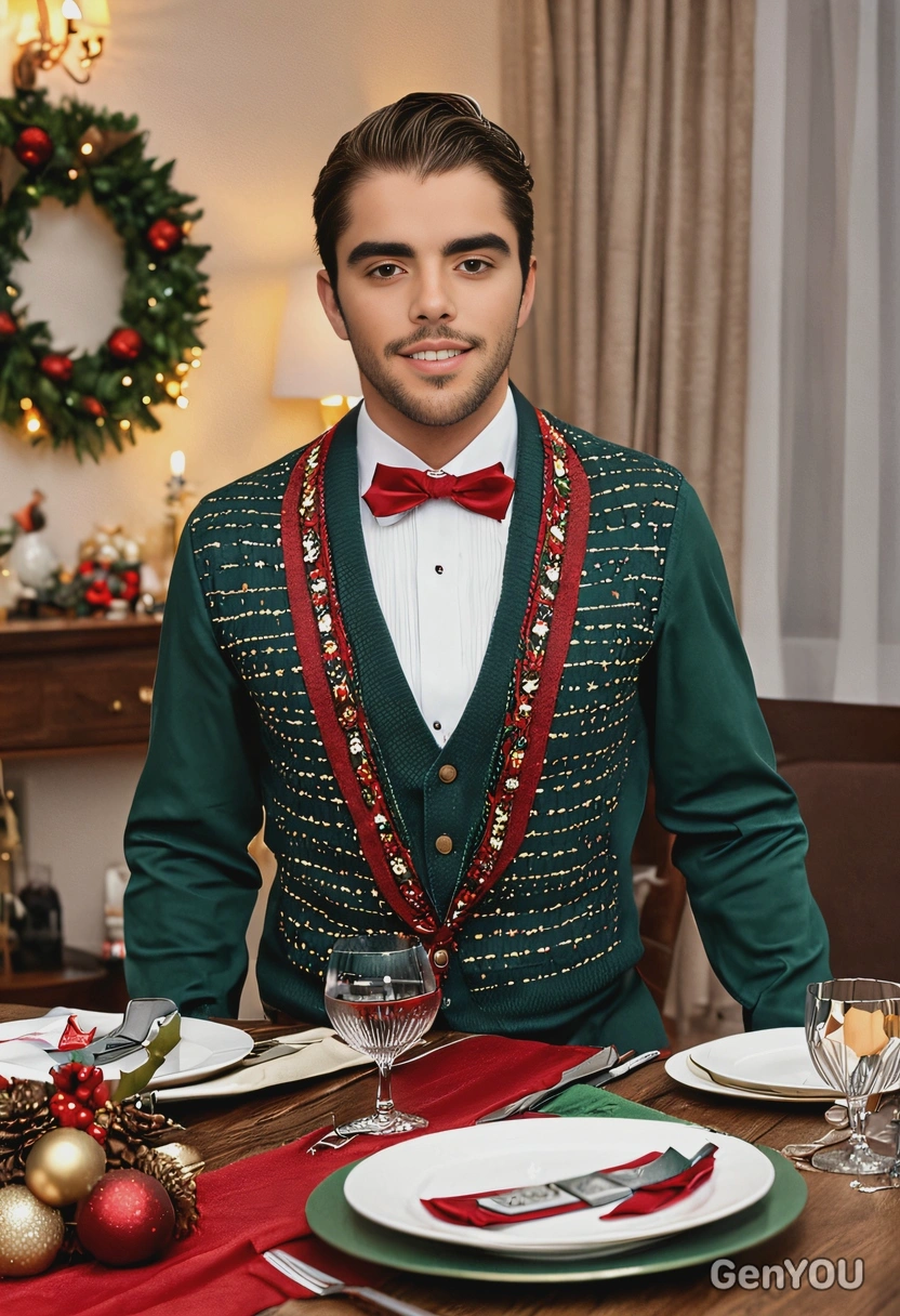 in elegant holiday attire, attending a Christmas party with a beautifully set dining table and festive decorations