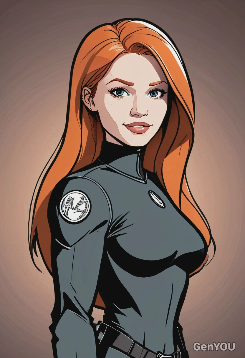 Hand-drawn flat cartoon style, Kim Possible, bold smooth outlines, bright mission lighting, waist-up portrait, secret lair background