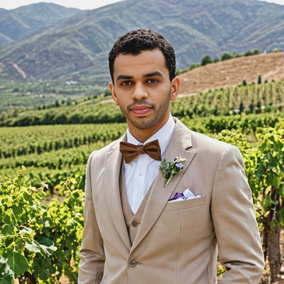 as a groom in a tan suit with a bowtie, standing in a vineyard with rolling hills in the background